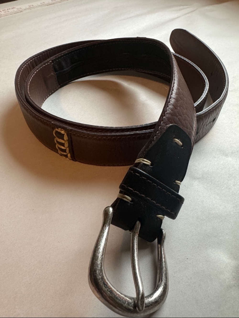 Trask Brown Leather Belt Mens 42 hidden money zipper silver tone buckle Western
